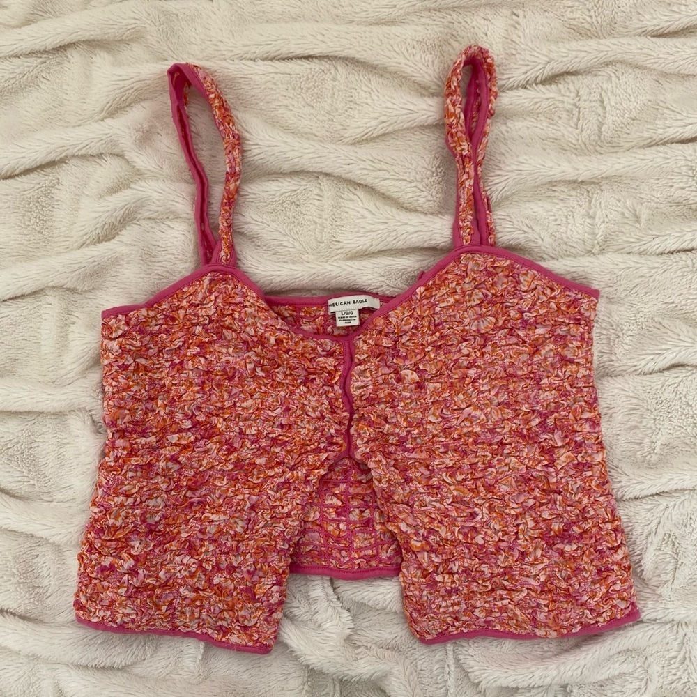 American Eagle smocked pink/orange open-front cami tank Sz L - Picture 1 of 4